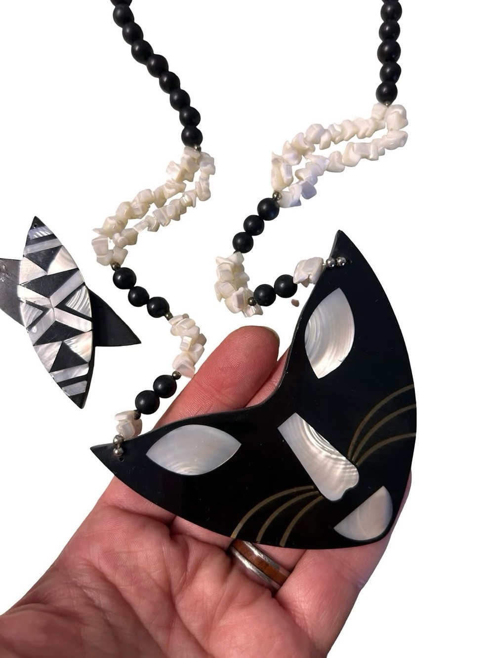 Vintage 70's LEE SANDS black cat necklace, and earring set